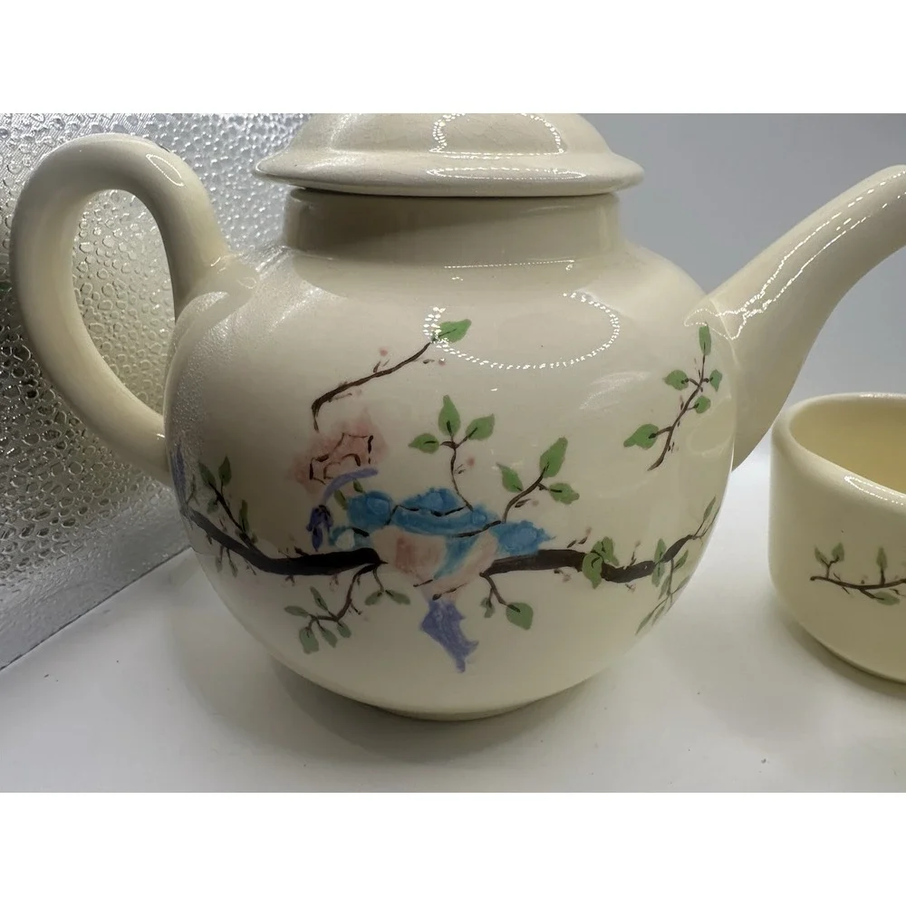 Beige Glazed Ceramic Floral Tea Set Teapot w/ Lid & 4 Cups, 8 oz